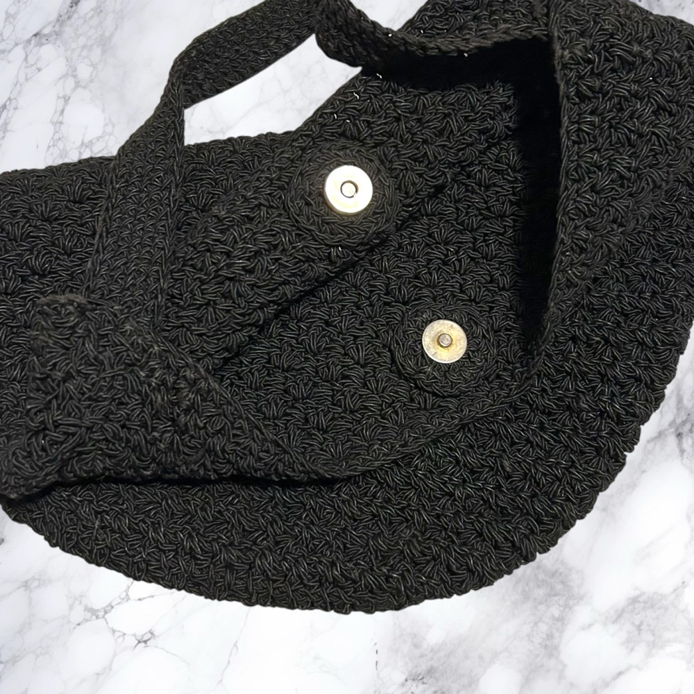 Crochet Hobo Purse Crossbody Sling Black Knit Roomy - Picture 3 of 6